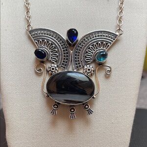 Botswana Black Striped Agate flanked by 3 faceted Precious Stones Necklace - 16”